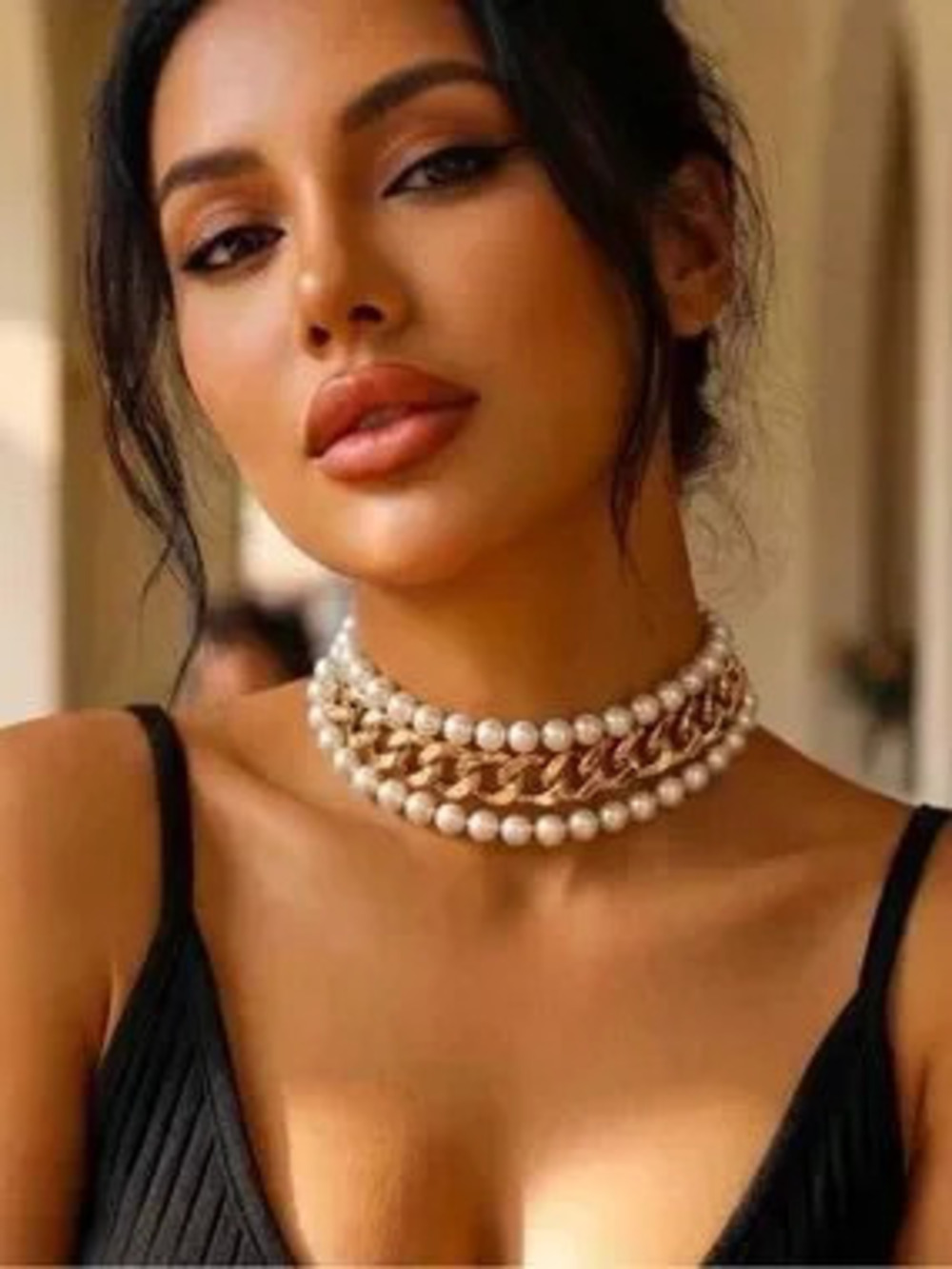 Gold Chain and Pearl Layered Choker Necklace
